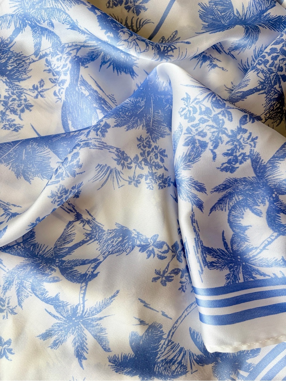 NWOT Silky Blue & White Palm Tree Patterned Square Scarf - Picture 4 of 9